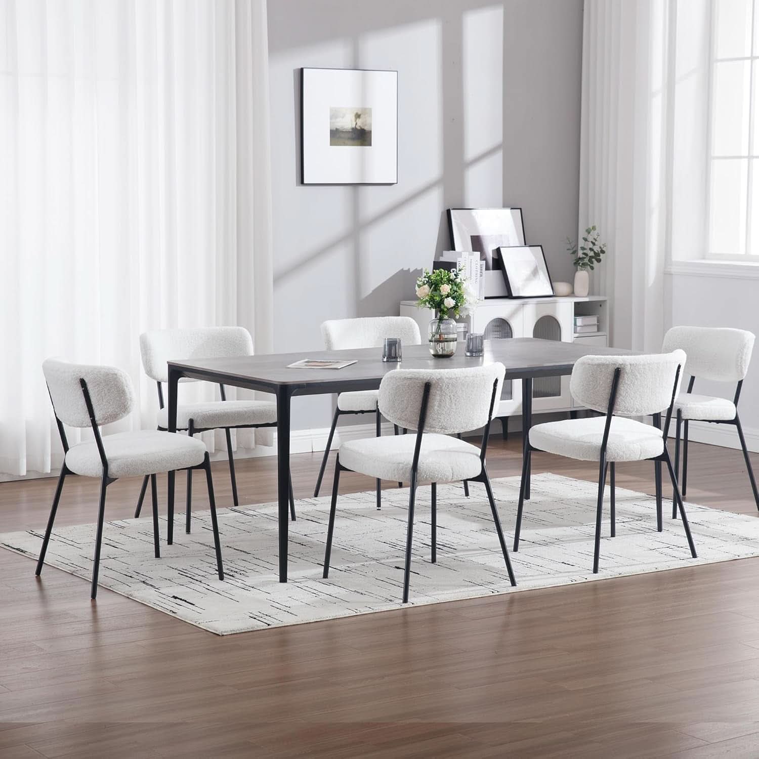White Boucle Upholstered Dining Chairs Curved Back