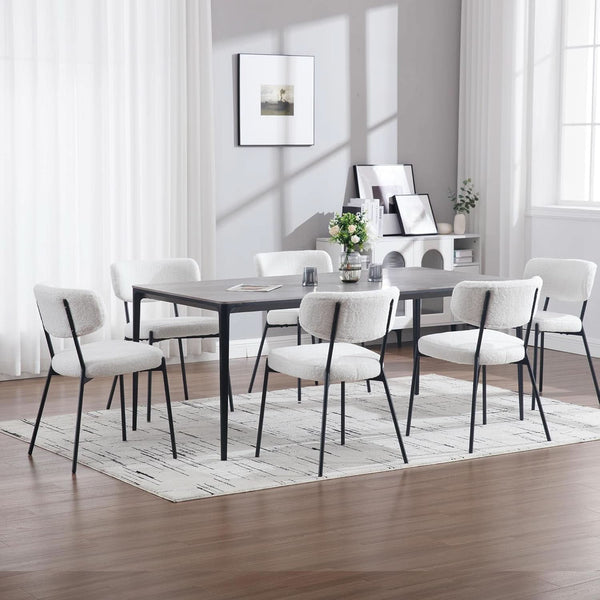 White Boucle Upholstered Dining Chairs Curved Back