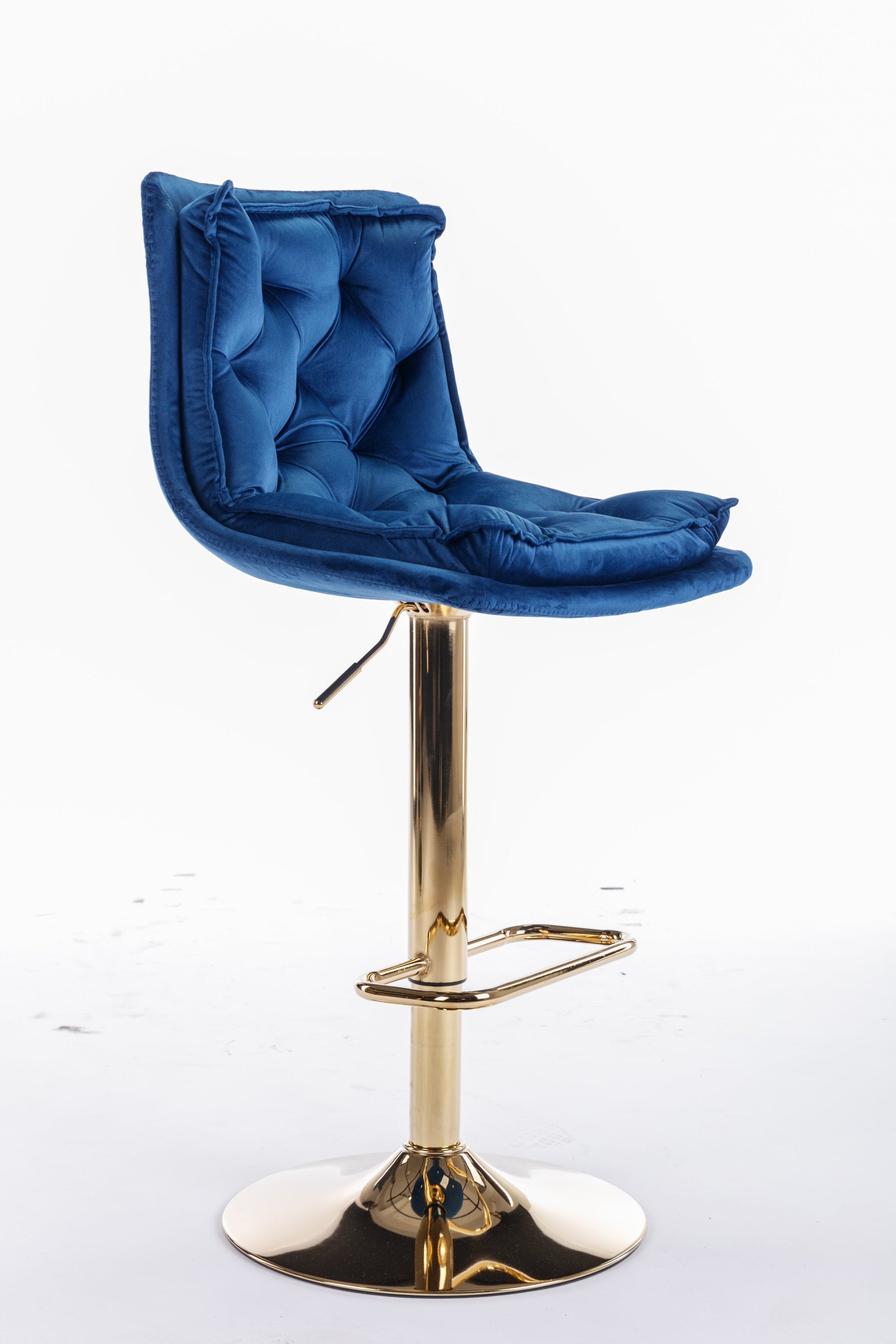 Set of 2 Bar Stools — Chrome Footrest, Swivel Height-Adjustable Velvet Seat, Golden Legs