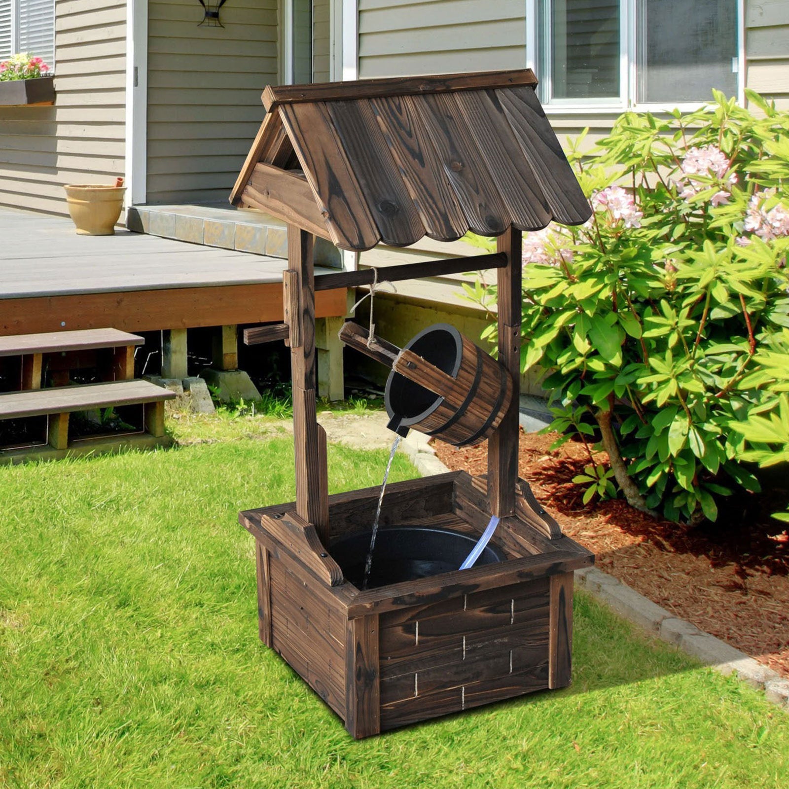 Carbonized Wood Wishing Well Outdoor Fountain 44 Inch