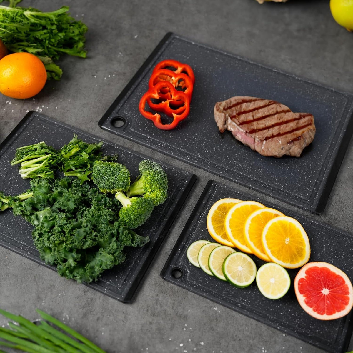 3-Piece Large Plastic Cutting Board Set with Non-Slip Feet and Juice Grooves
