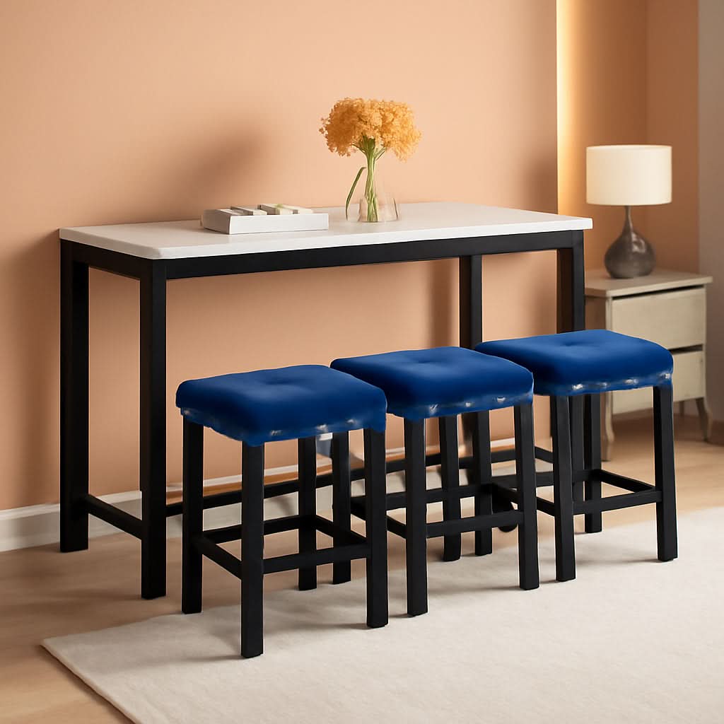 Blue Velvet Bar Table Set With 3 Stools Faux Marble Top