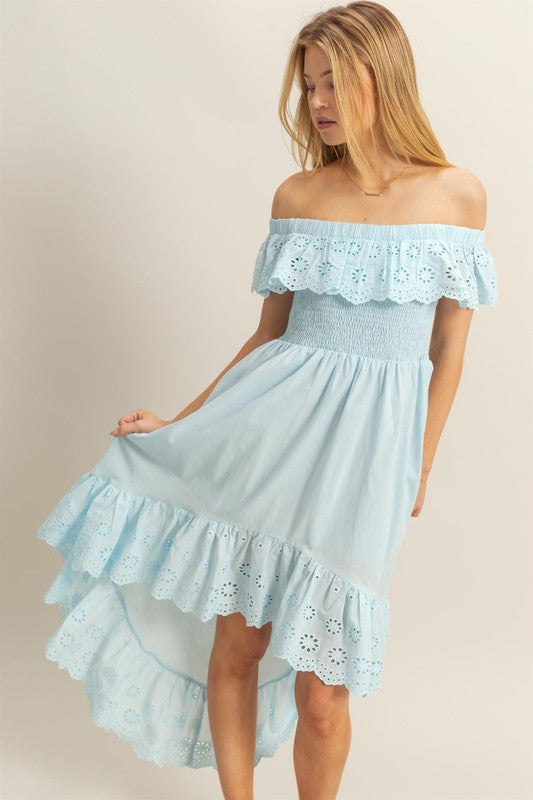 High-Low Eyelet Ruffled Off-Shoulder Dress For Summer – Fluttering, Flirty and Feminine Off-Shoulder Dress with Eyelet Detailing and High-Low Hem