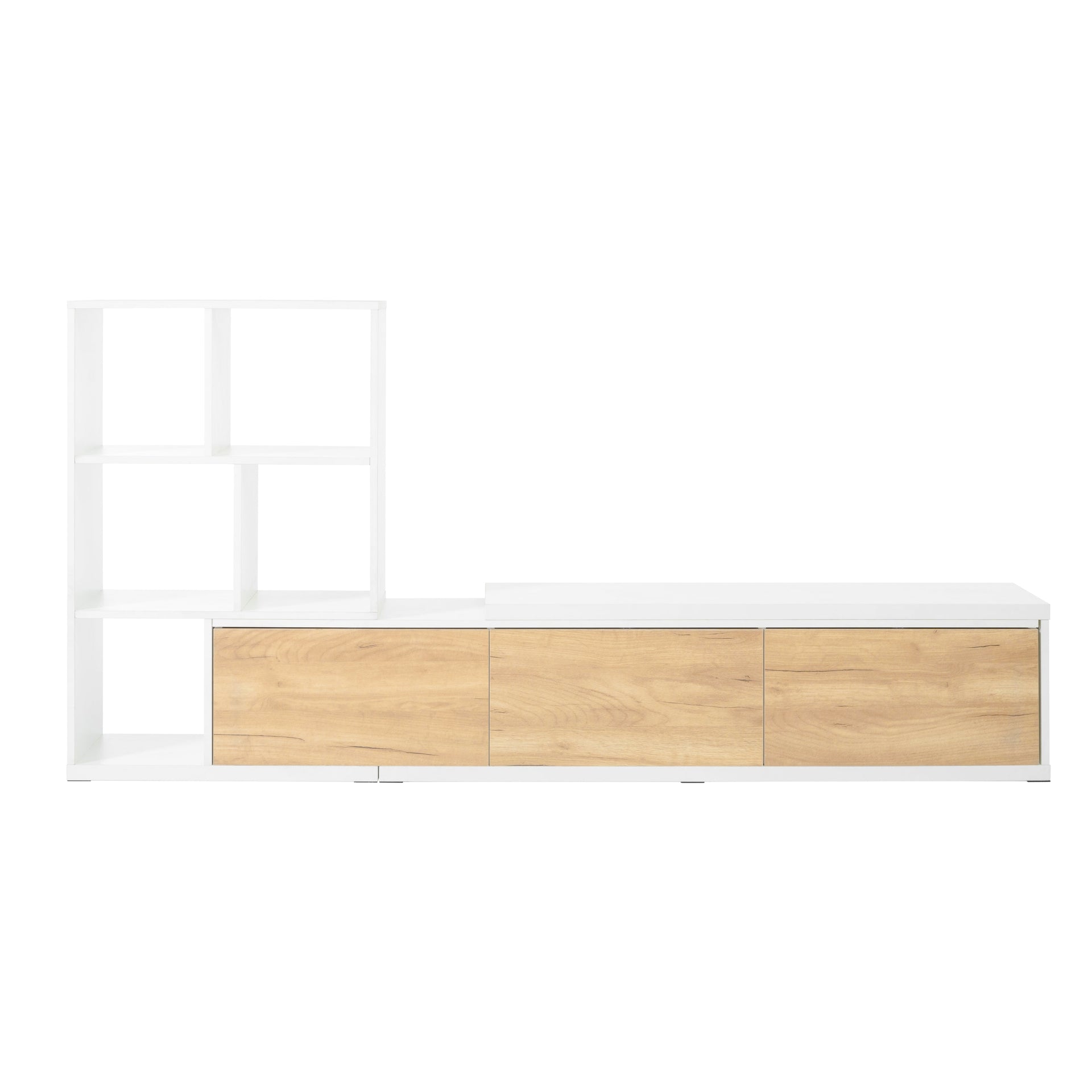 Front view of Buddify Extendable TV Stand with 3 Tier Bookshelves in white and oak, showcasing its clean lines and modern design.