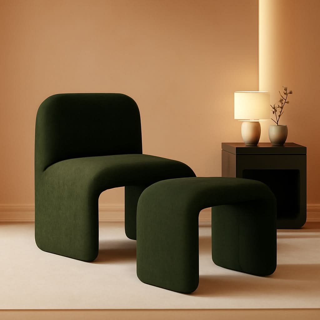 Green Chenille Upholstered Accent Chair With Ottoman