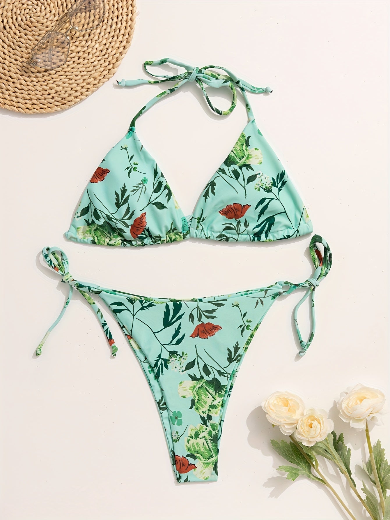 Bikini European Style Floral Print 3 Piece Swimsuit Set for Women – Sexy V Neck Bikini with Cross Strap Detail and Matching Long Sleeve Cover-Up – High Stretch Trendy Swimwear for Summer Beach Vacations Resort Looks and Poolside Fashion