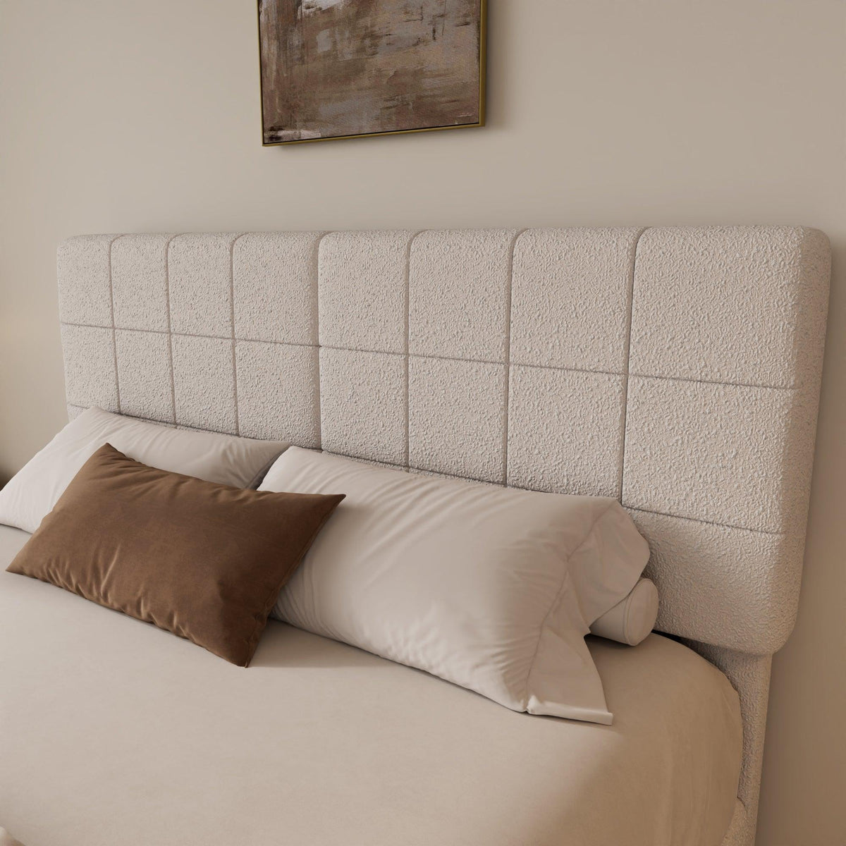 White  Boucle Floating Bed with Light,Queen