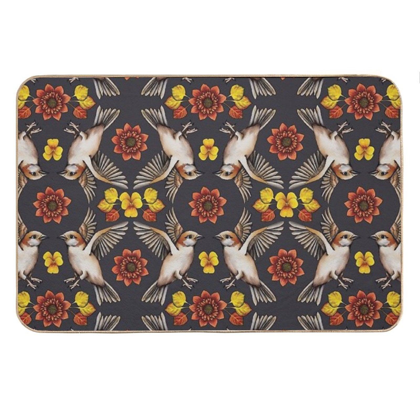 Autumn Sparrows with Flowers & Leaves Bath Mat