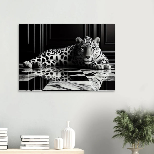 Leopard Canvas Art Print – Striking Design on Black & White Checkered Marble Floor
