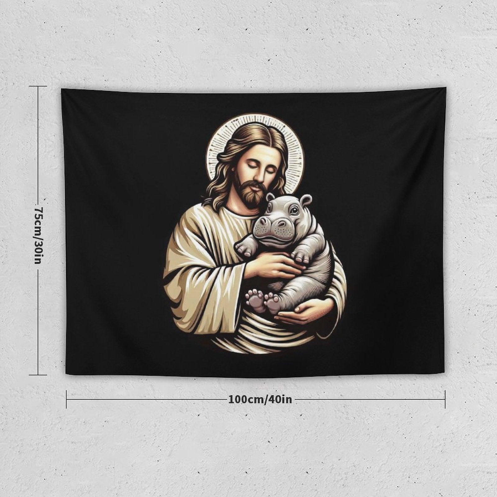 Jesus Loves Moo Deng Bouncy Pig Cute Baby Hippo Tapestry