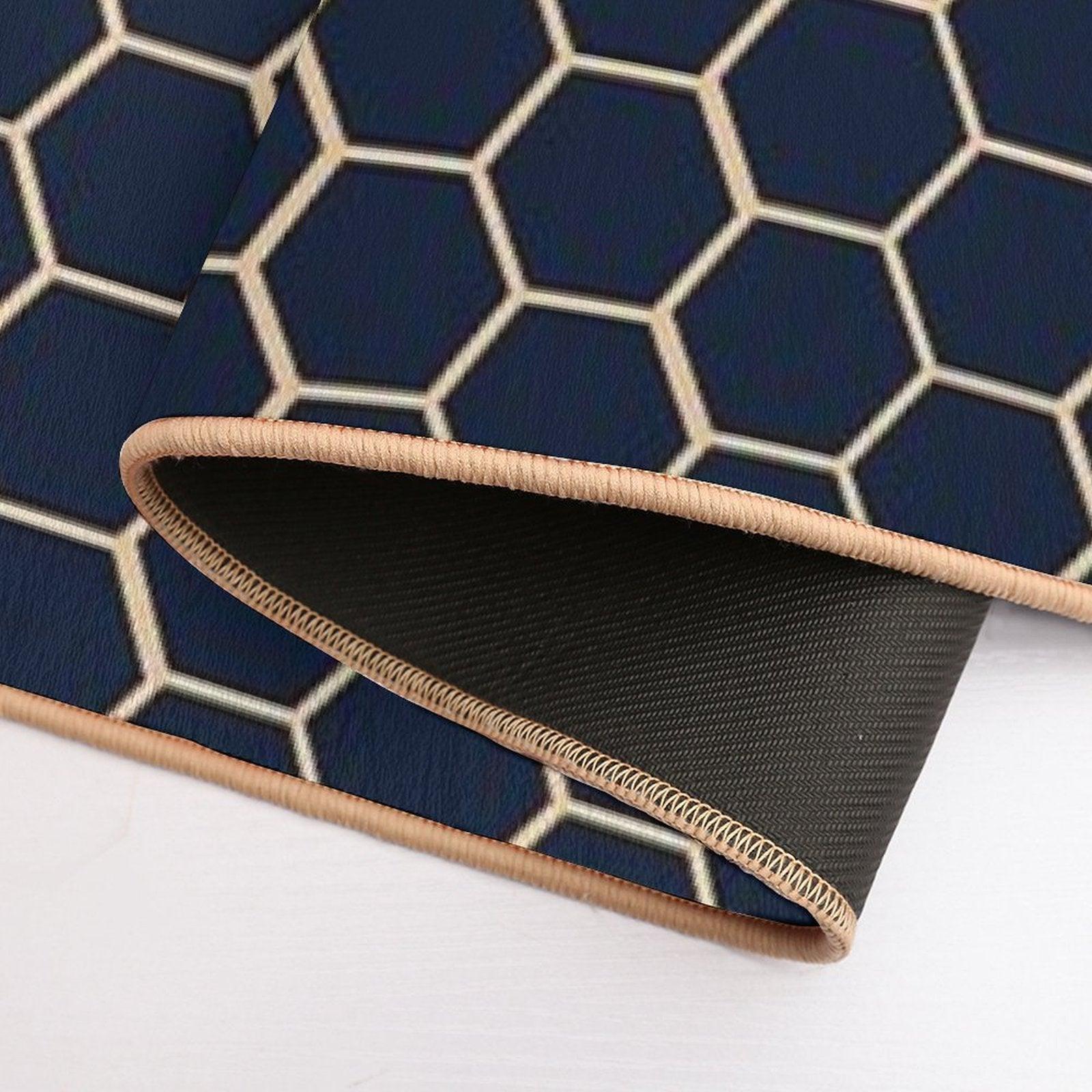 Geometric Light Yellow And Dark Blue Honeycomb Pattern Bath Mat