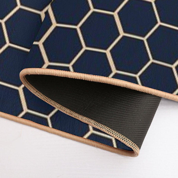 Geometric Light Yellow And Dark Blue Honeycomb Pattern Bath Mat