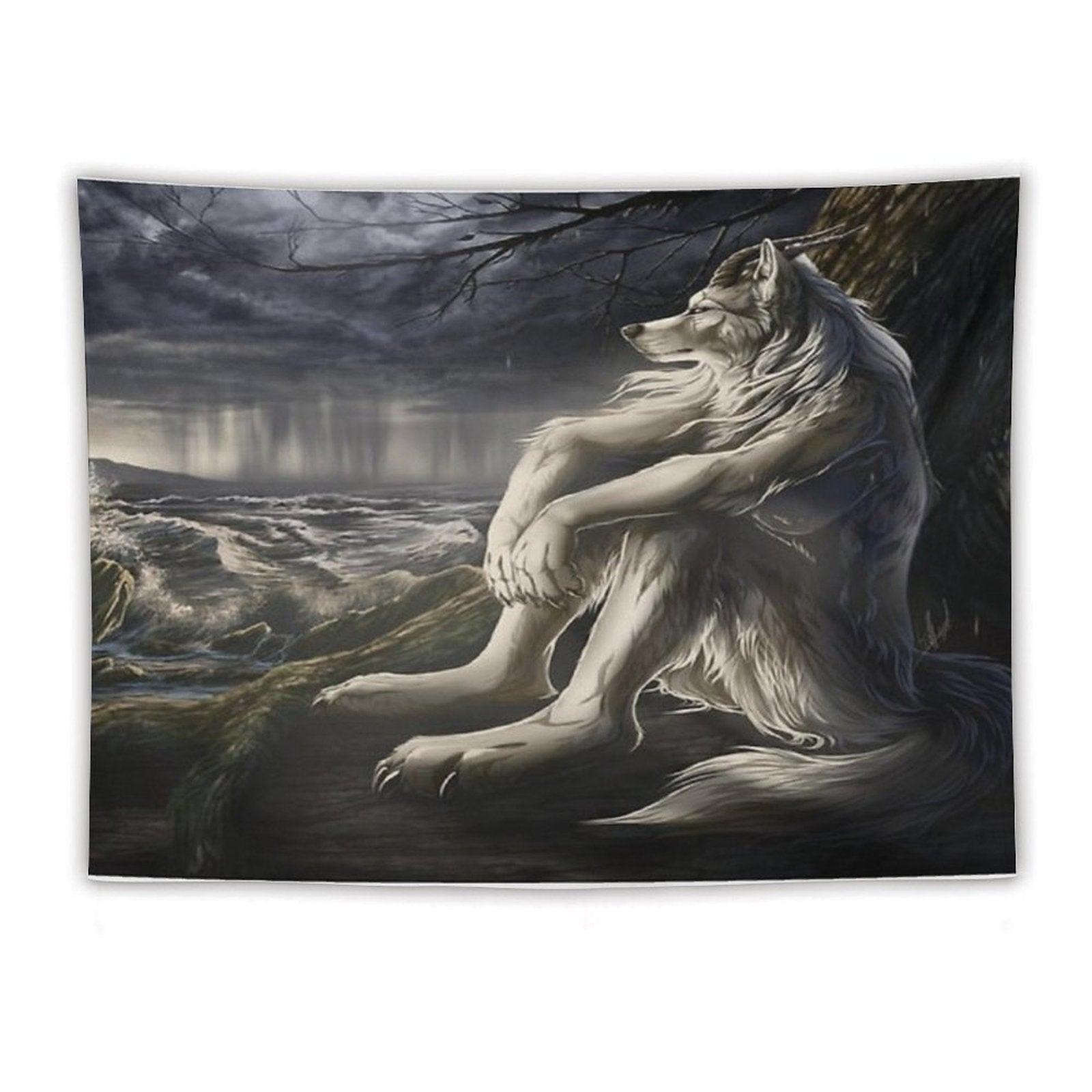 Emo White Wolf Sitting Sad Meme Tapestry