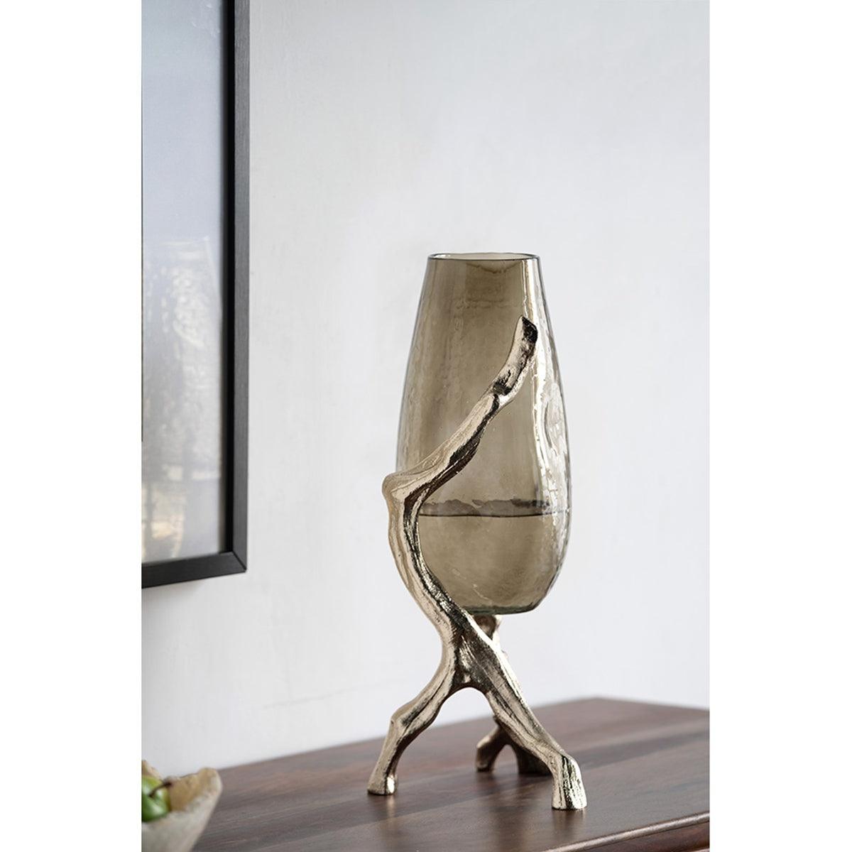 Modern Gold Glass Vase with Metal Stand