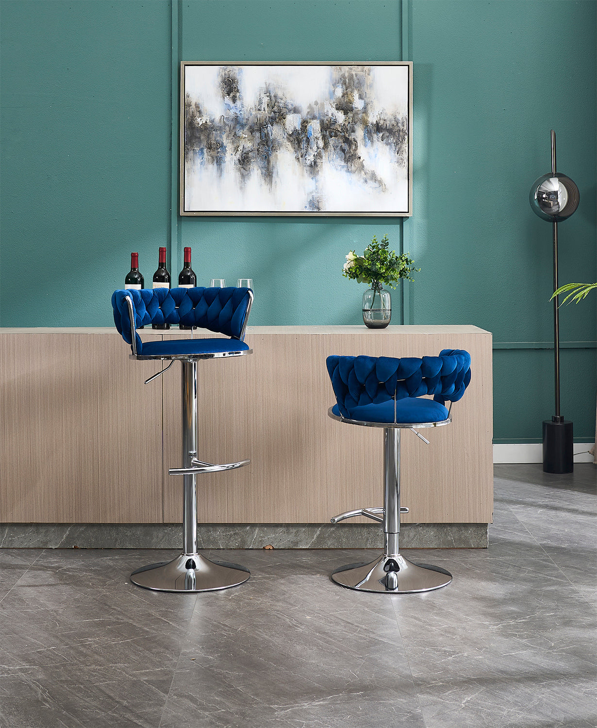 Set of 2 Bar Stools with Chrome Footrest & Base Swivel Height Adjustable Velvet