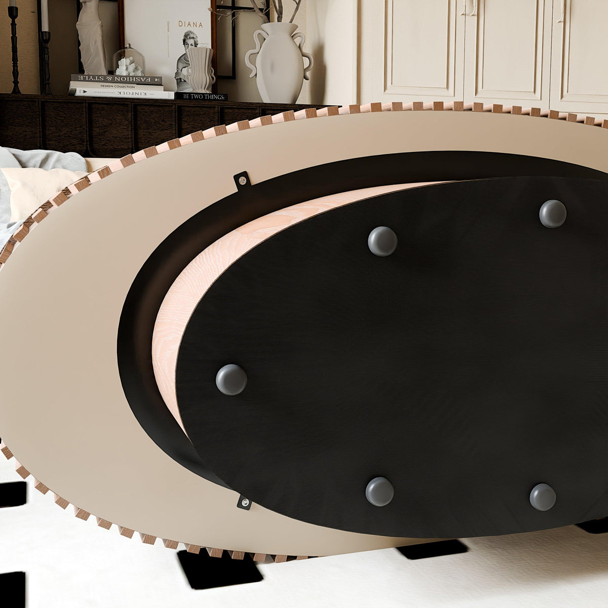 Modern Natural Wood Oval Coffee Table with Hidden Storage
