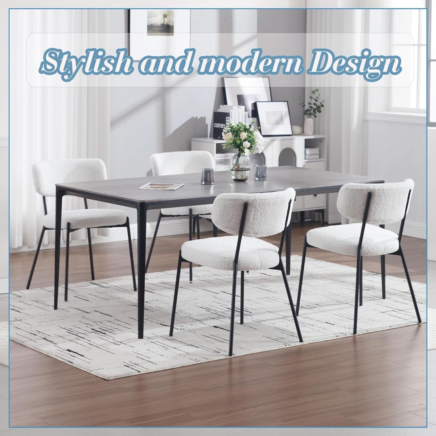 White Boucle Upholstered Dining Chairs Curved Back