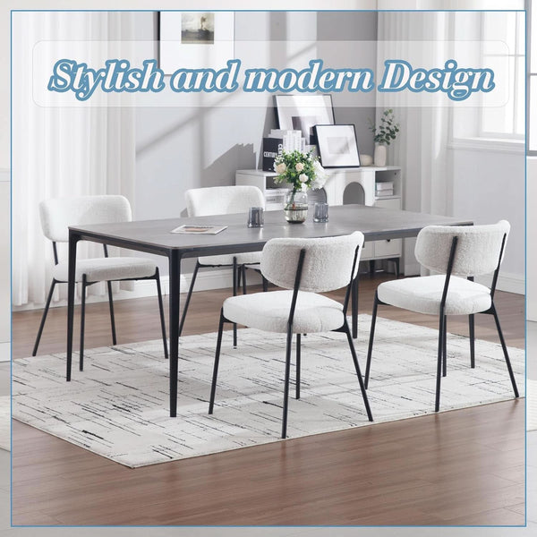 White Boucle Upholstered Dining Chairs Curved Back