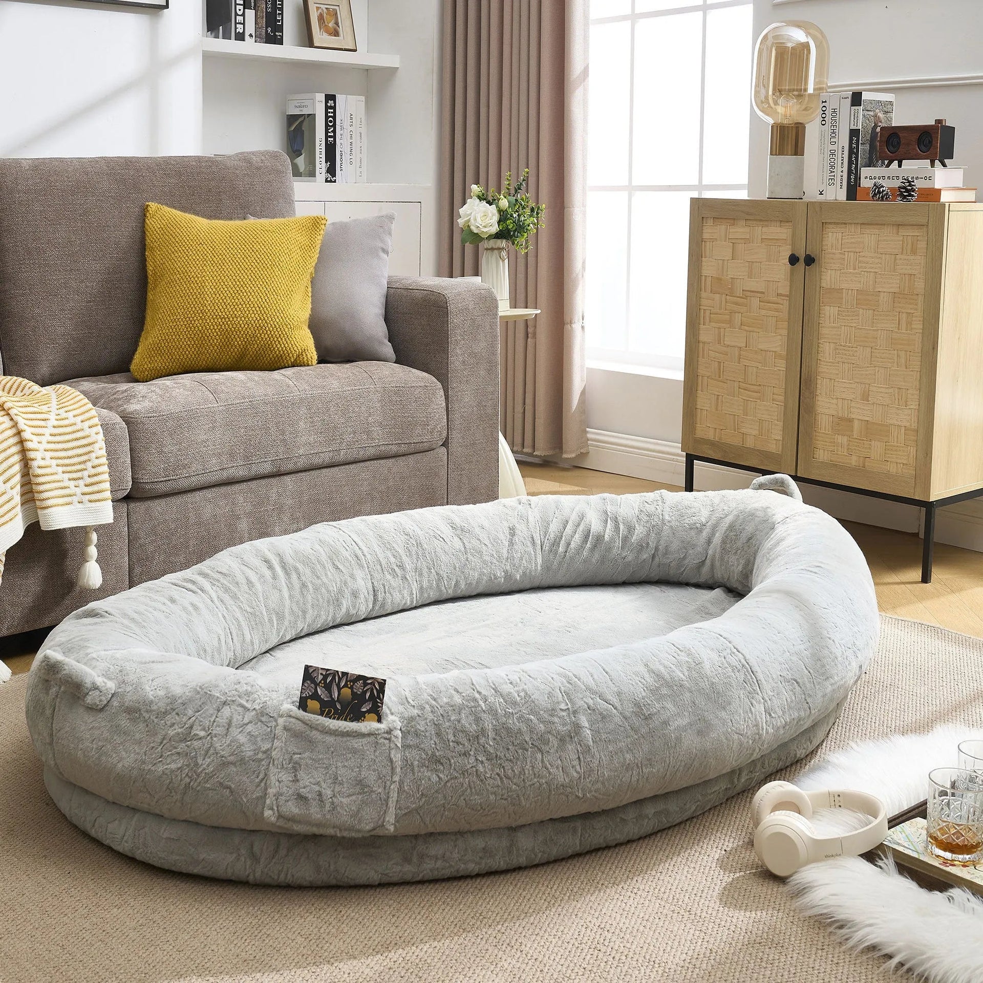 🇫🇷🇪🇪 🇸🇭🇮🇵🇵🇮🇳🇬 Human Dog Bed for Adult, Memory Foam Human Size Pet Bed for Human With Storage Pocket, Light Gray