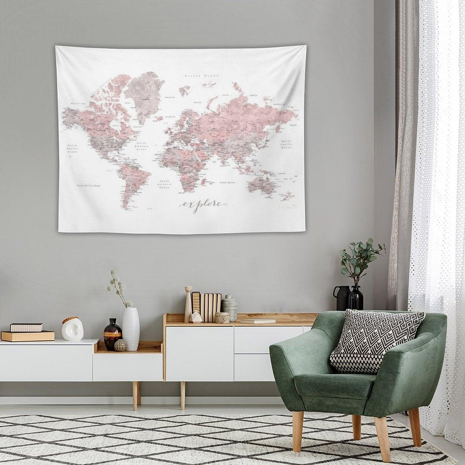 Explore - Dusty Pink And Grey Watercolor World Map, Detailed Tapestry