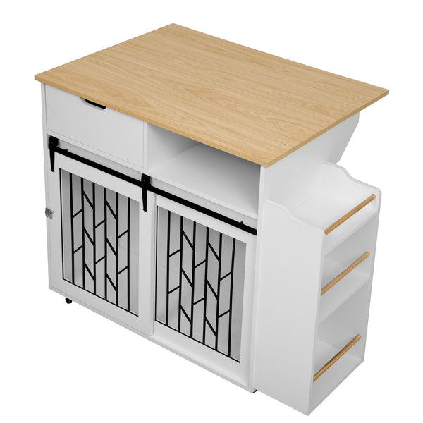 Modern Style 2-in-1 Pet Friendly Dog Crate Kitchen Island End Table Natural White MDF Metal Pine