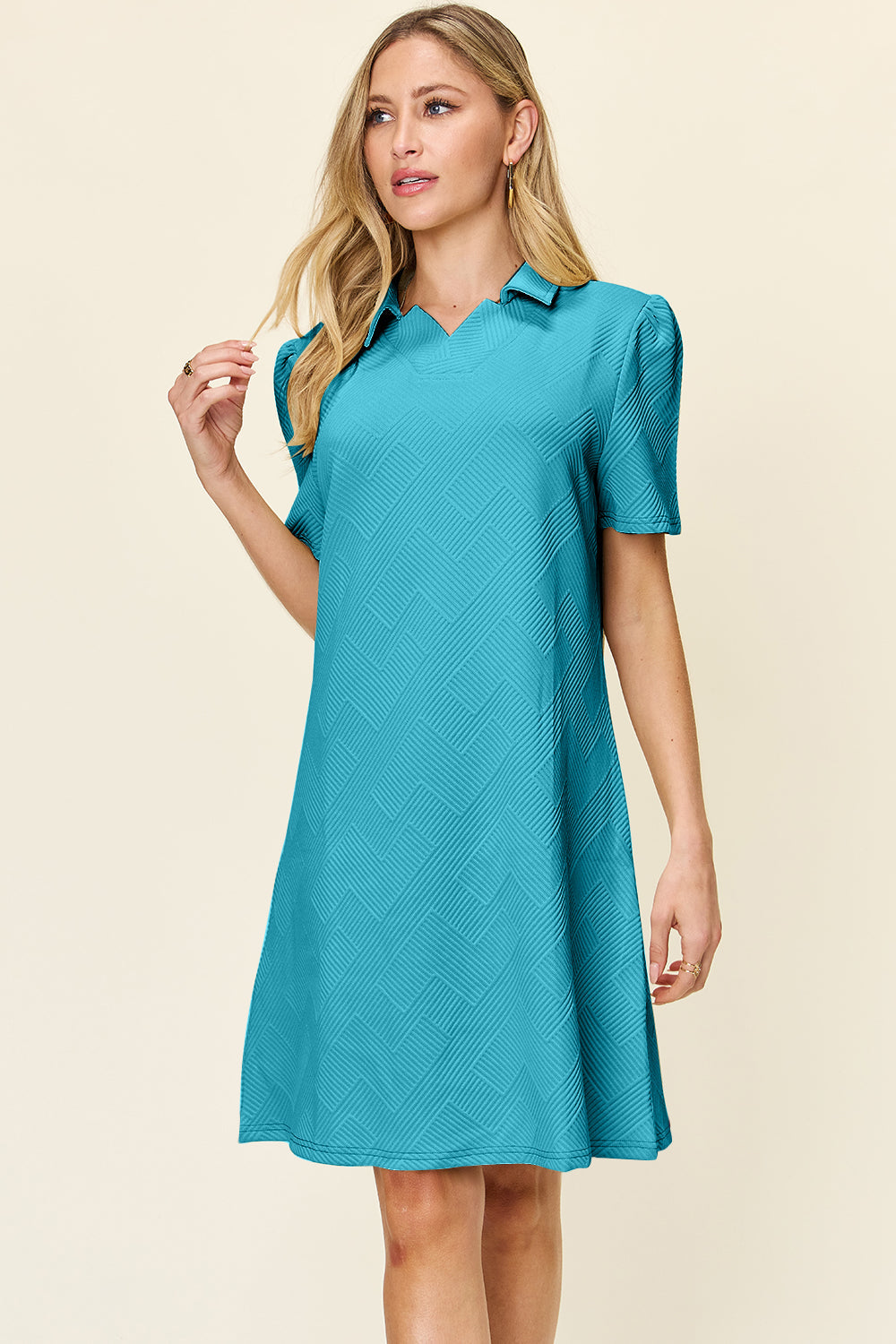 Double Take Full Size Texture Collared Neck Short Sleeve Dress Textured Dress For Women