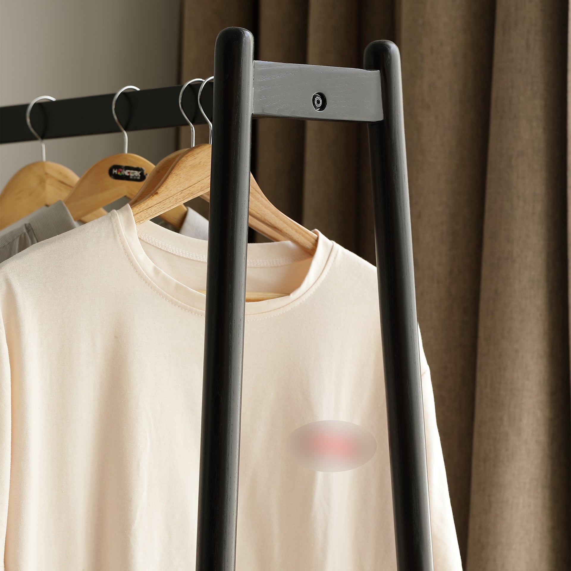 (Black) Solid Oak Wood Clothes Rack, Black Rattan Hanger Rack-clothes Rack with Shelves, Cloth Hanger Standing Garment Racks for Hanging Clothes