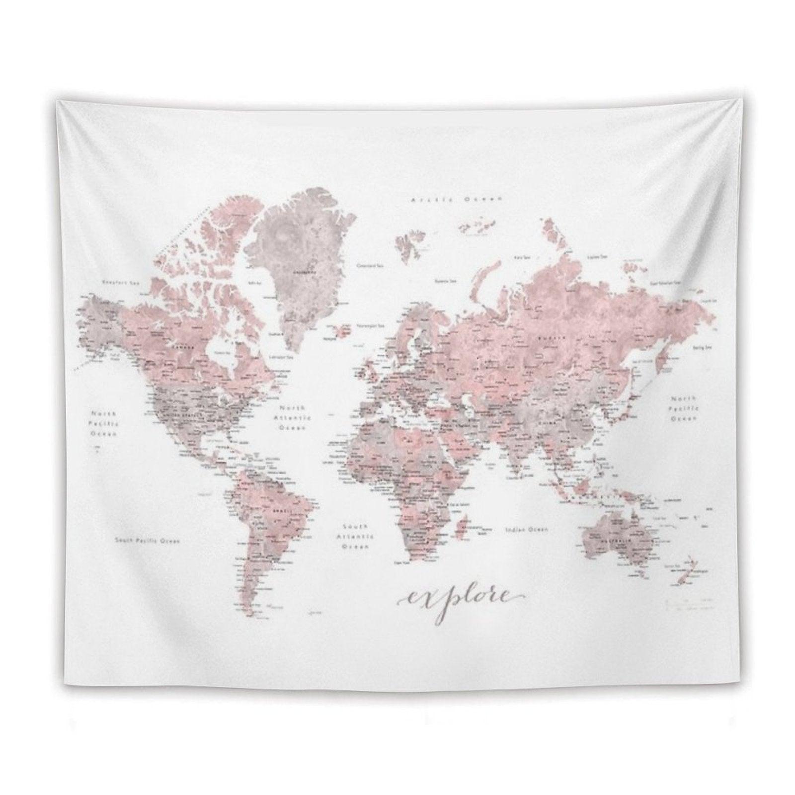 Explore - Dusty Pink And Grey Watercolor World Map, Detailed Tapestry