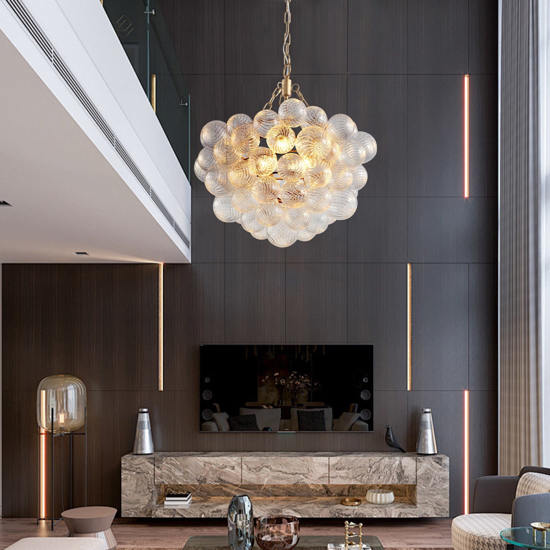 Gold Pendant Chandelier with Threaded Clear Glass Globe Shade for Living, Dining & Kitchen
