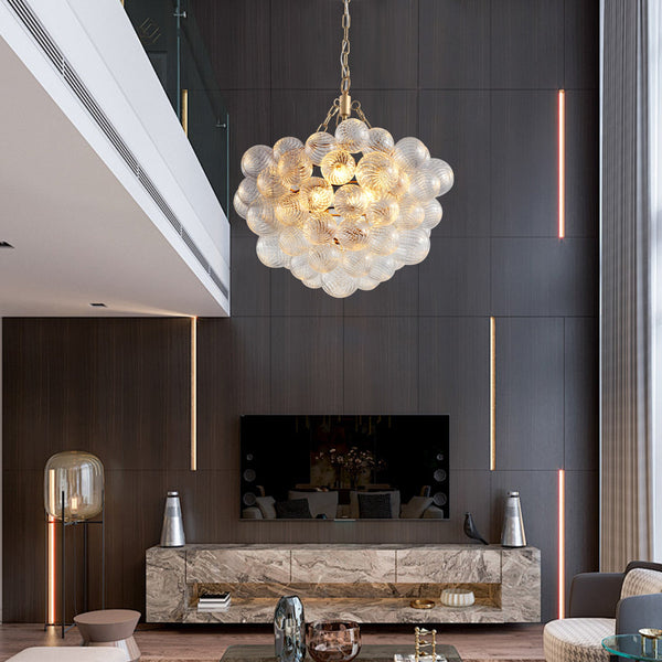 Gold Pendant Chandelier with Threaded Clear Glass Globe Shade for Living, Dining & Kitchen