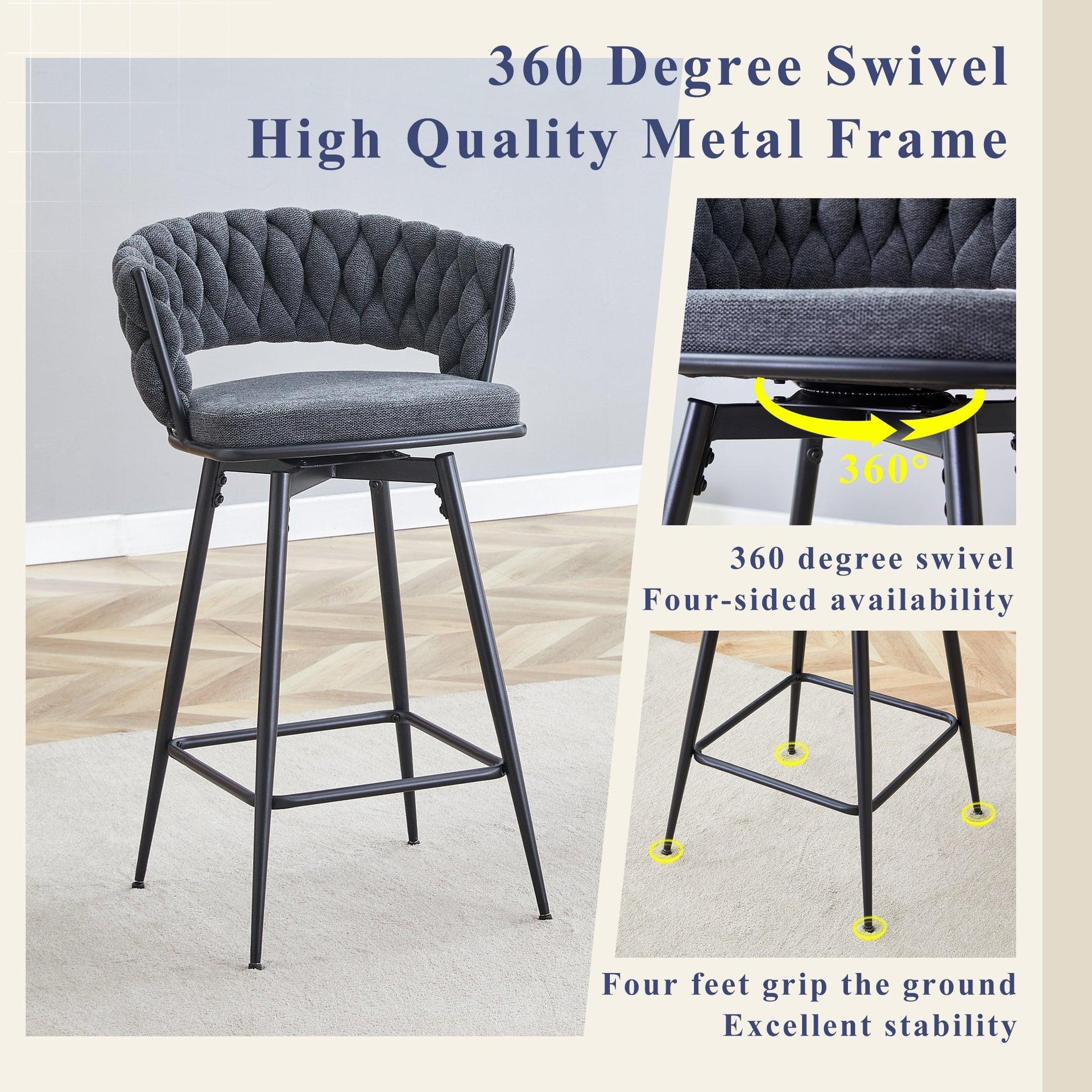 2 Set of Rotating Barstools With Breathable Cotton and Linen Soft Cushions