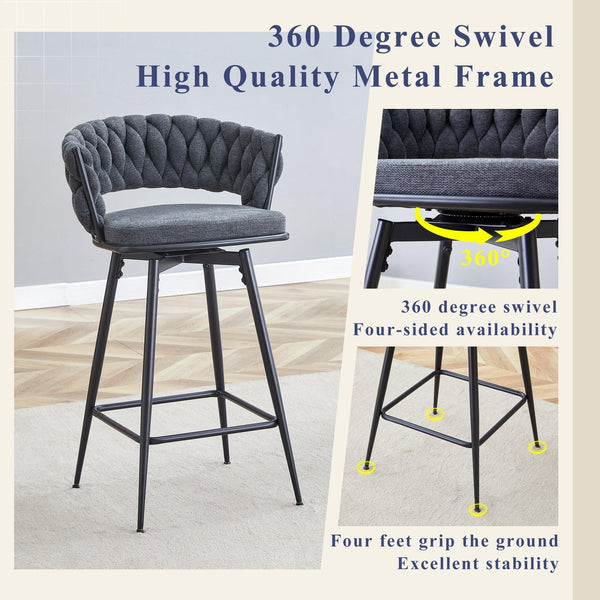 2 Set of Rotating Barstools With Breathable Cotton and Linen Soft Cushions