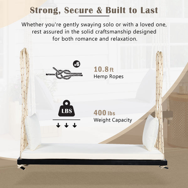 Patio Wooden Swing Chair Hanging Porch Swing Bench with Cushion & Pillows