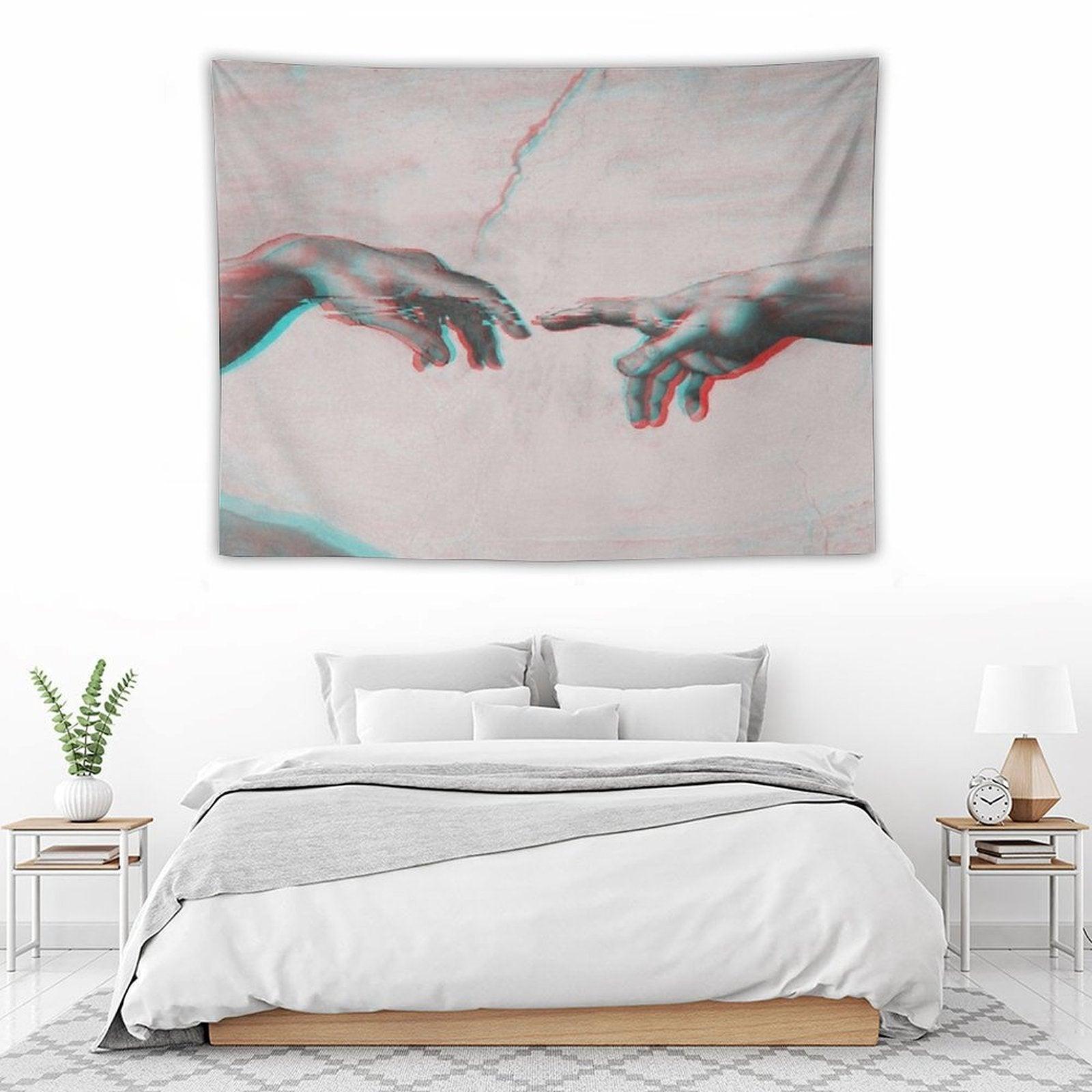 The Creation of Adam in GLITCH - Wall Tapestries Sistine Chapel Near-touching Hands of God And Adam Red Colorized Tapestry
