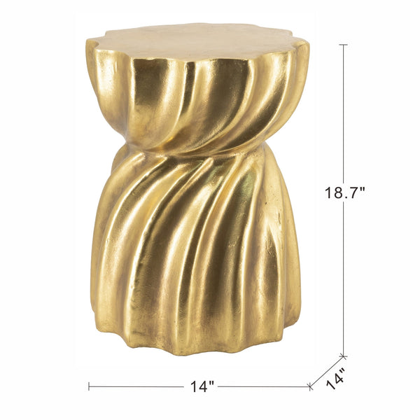 14x14x18.7' Gold Magnesium Accent Stool with Sculptural Swirl Design, Contemporary Side Table, Decorative Display Stand, or Extra Seating Option