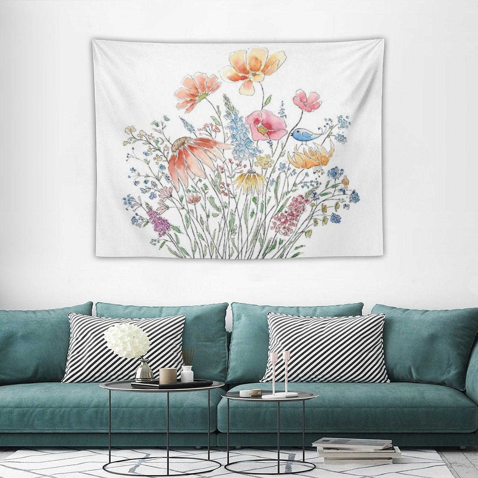 Hand Painted Wild Flower Bouquet And Blue Bird-line And Watercolor 2 Tapestry