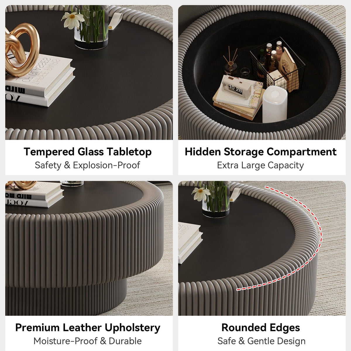 Modern Round Coffee Table with Tempered Glass, Storage – Fluted Leather Design