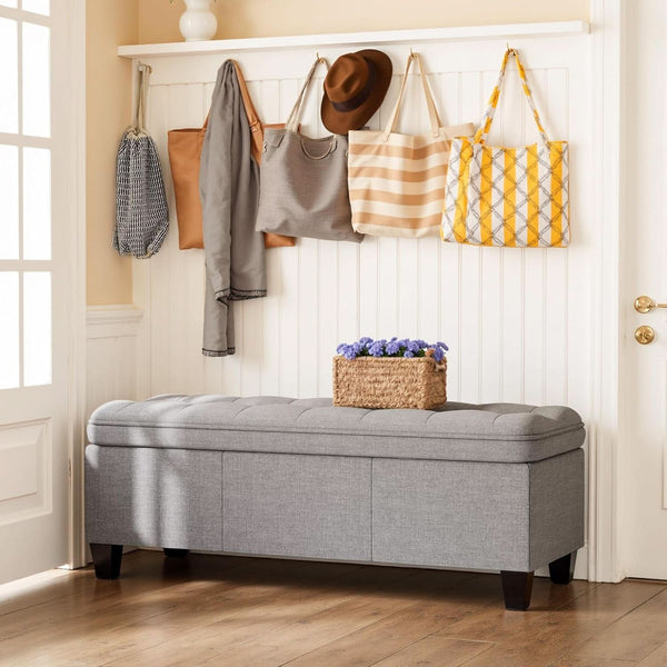 Forty Seven Inch Storage Ottoman Bench Linen Gray Fabric