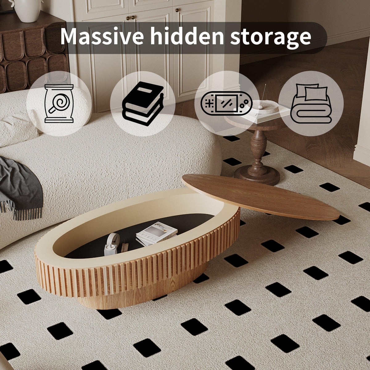 Modern Natural Wood Oval Coffee Table with Hidden Storage