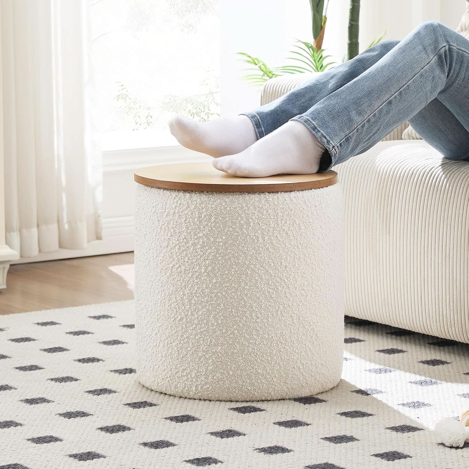 Circular Storage Ottoman Sixteen Inch White Boucle