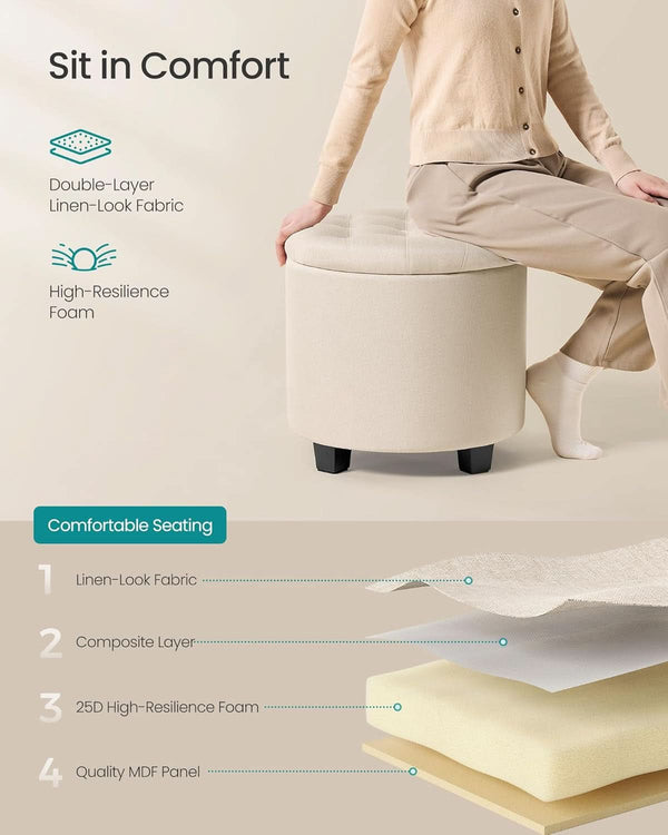 Round Ottoman With Durable Storage Linen-Look Beige