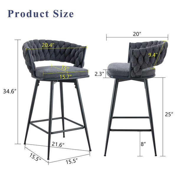 2 Set of Rotating Barstools With Breathable Cotton and Linen Soft Cushions
