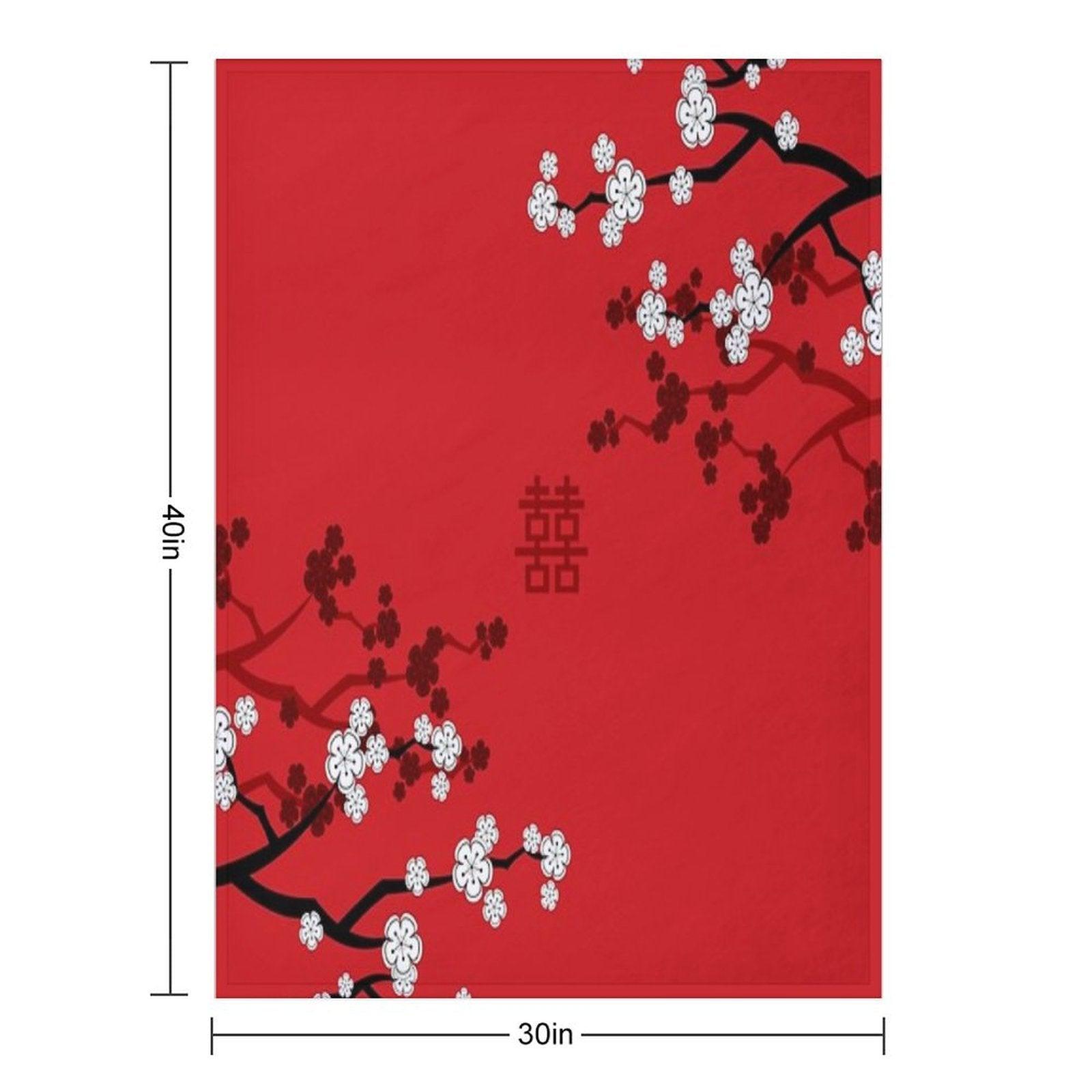 White Oriental Cherry Blossoms on Red And Chinese Wedding Double Happiness  Japanese Sakura © Fatfatin Throw Blanket
