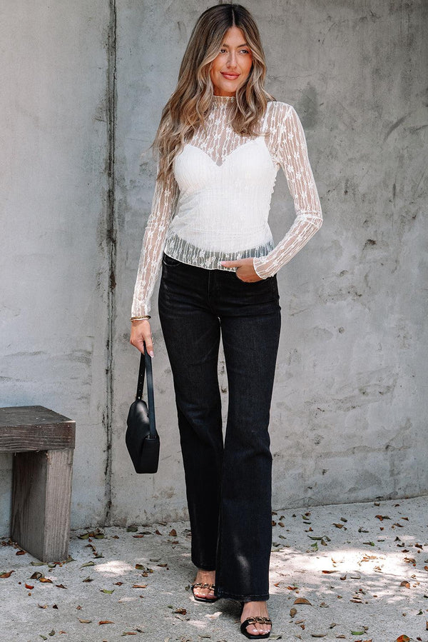 Adalynn Sheer Floral Lace Long Sleeve Top Threaded Pear