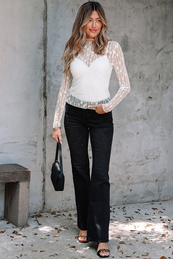 Adalynn Sheer Floral Lace Long Sleeve Top Threaded Pear