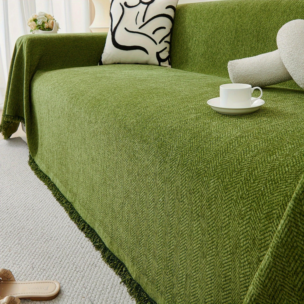 Update Sofa with Organic Couch Cover| Herringbone Chenille Tassels