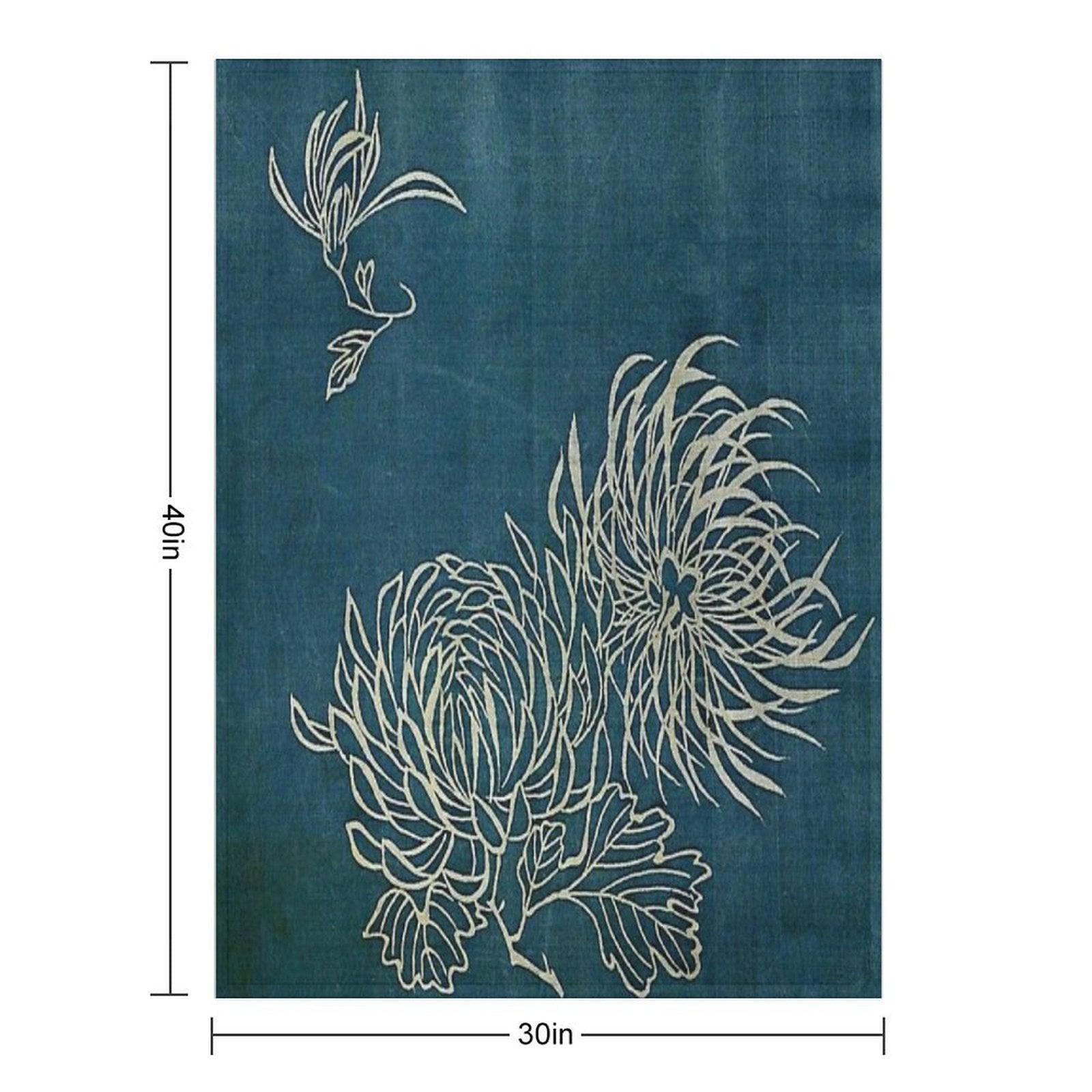 Japanese Textile Blue And White Lotus Flower Throw Blanket