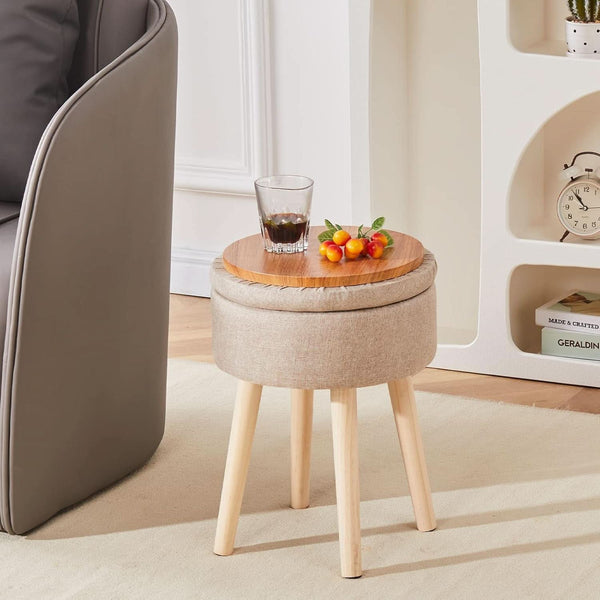 Khaki Linen Storage Velvet Upholstered Ottoman With Tray