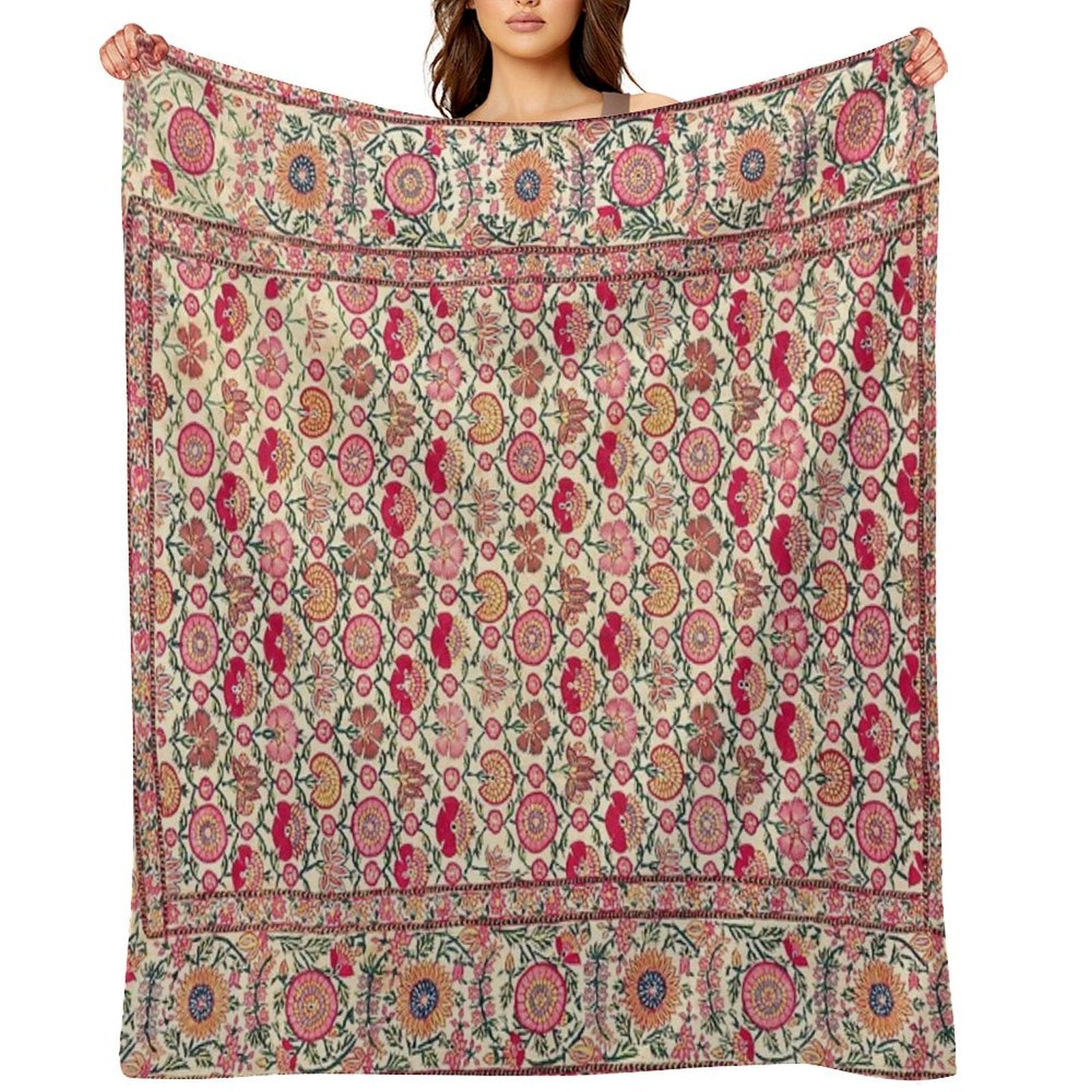 Vintage India Embroidered Textile, 17th Century Wrinkle-free Throw Blanket