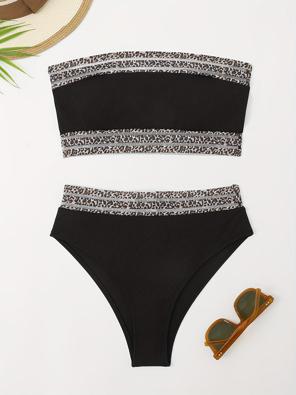 Bikini Leopard Print High Waist Bandeau 2 Piece Swimsuit for Women – Super Stretchy Bikini Set with Seductive Mesh Detail and Flattering Fit – Chic Animal Print Swimwear for Beachwear Poolside and Summer Vacations
